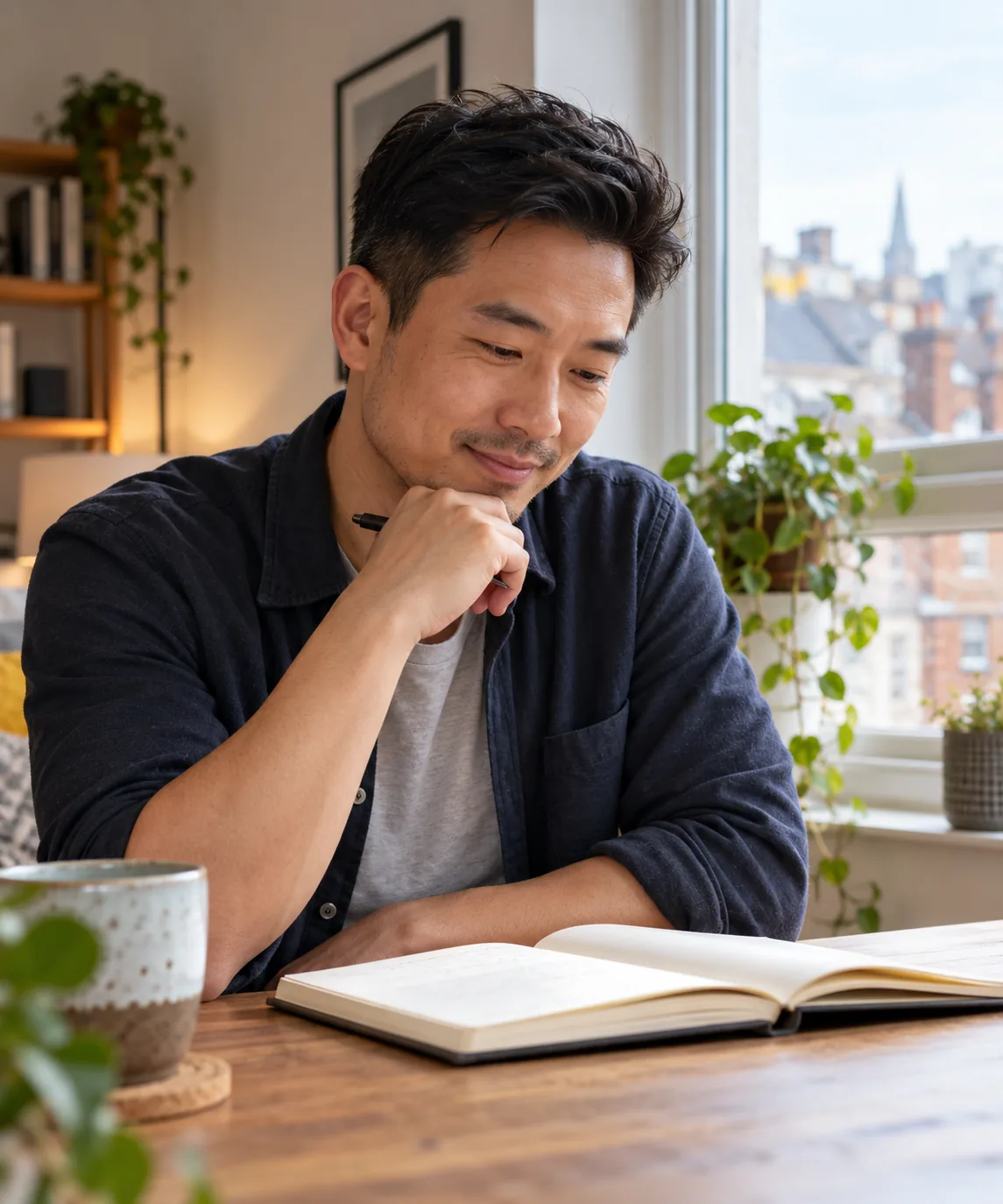 Man sitting by a window with an open notebook