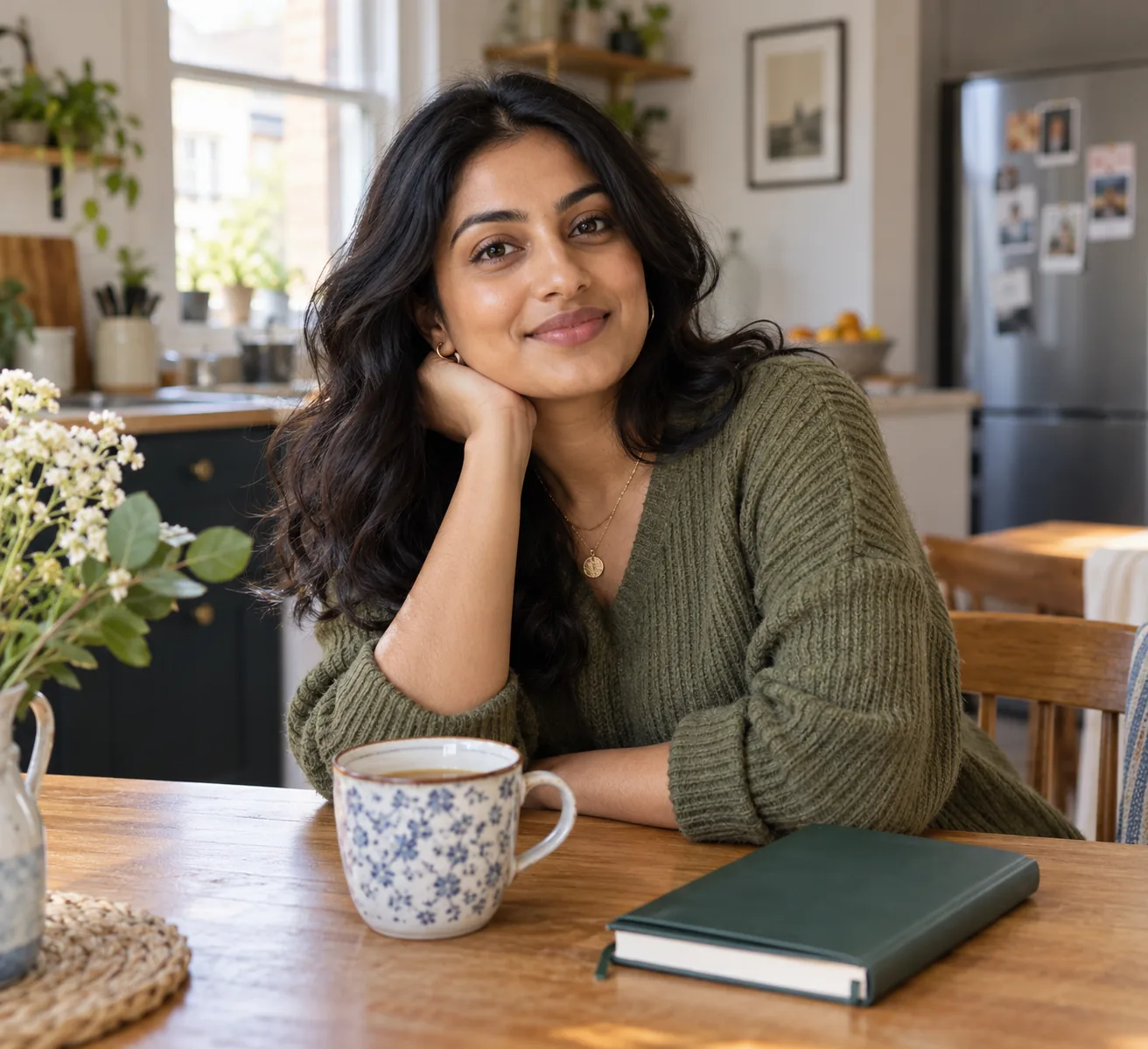 Woman seated at home with a cup of tea and notebook