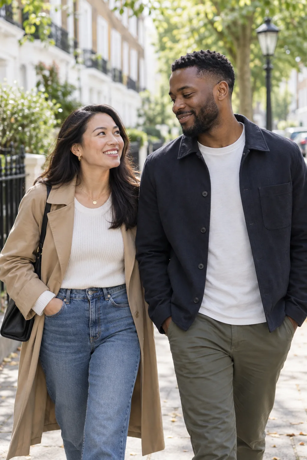 Young couple walking together on a leafy street