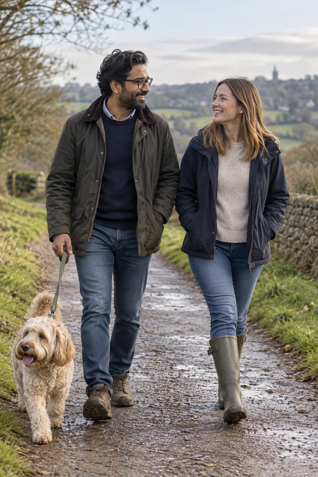 Two people smiling at one another while walking a dog on a country path