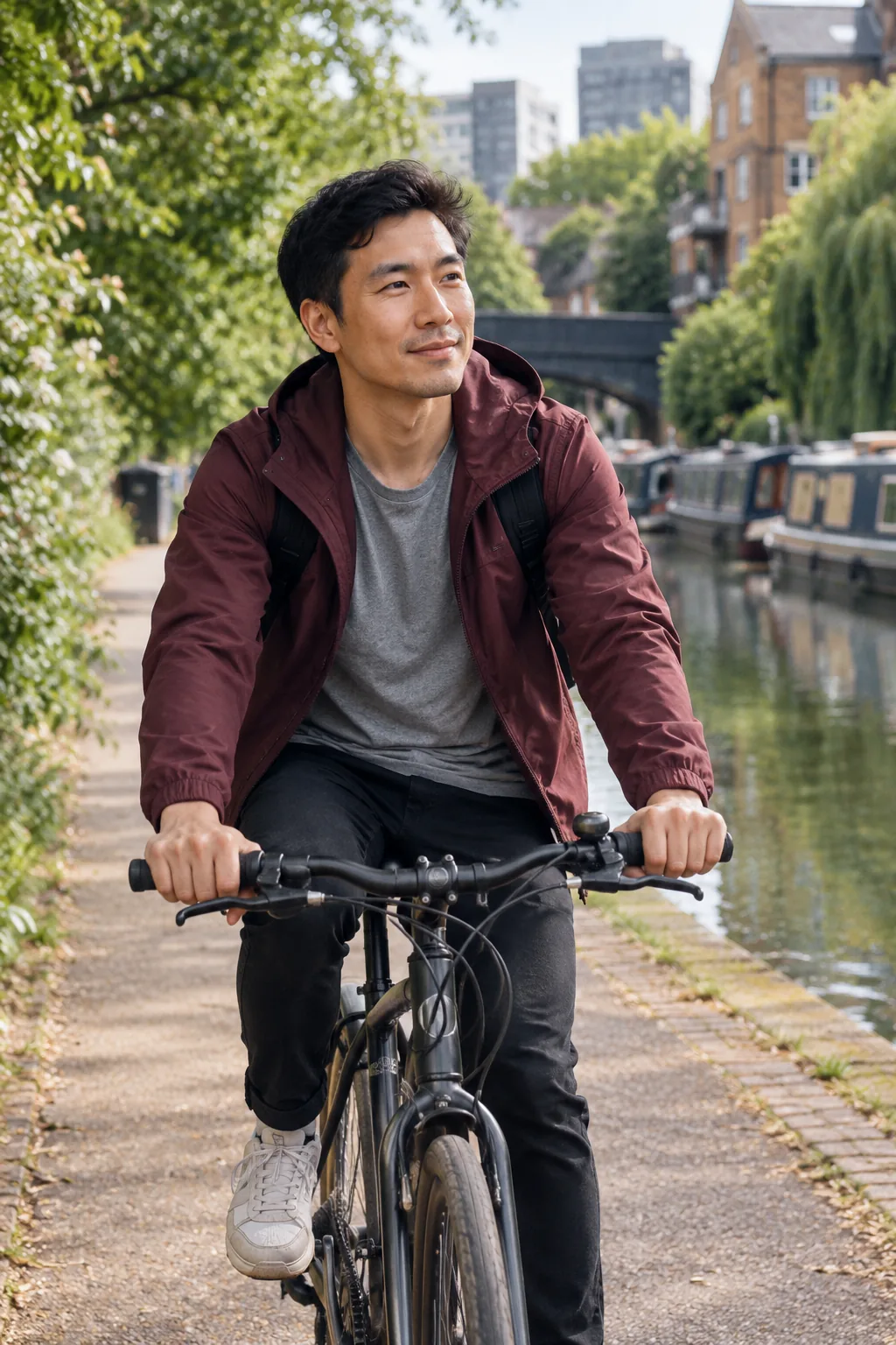 A man with a bicycle beside a leafy canal path