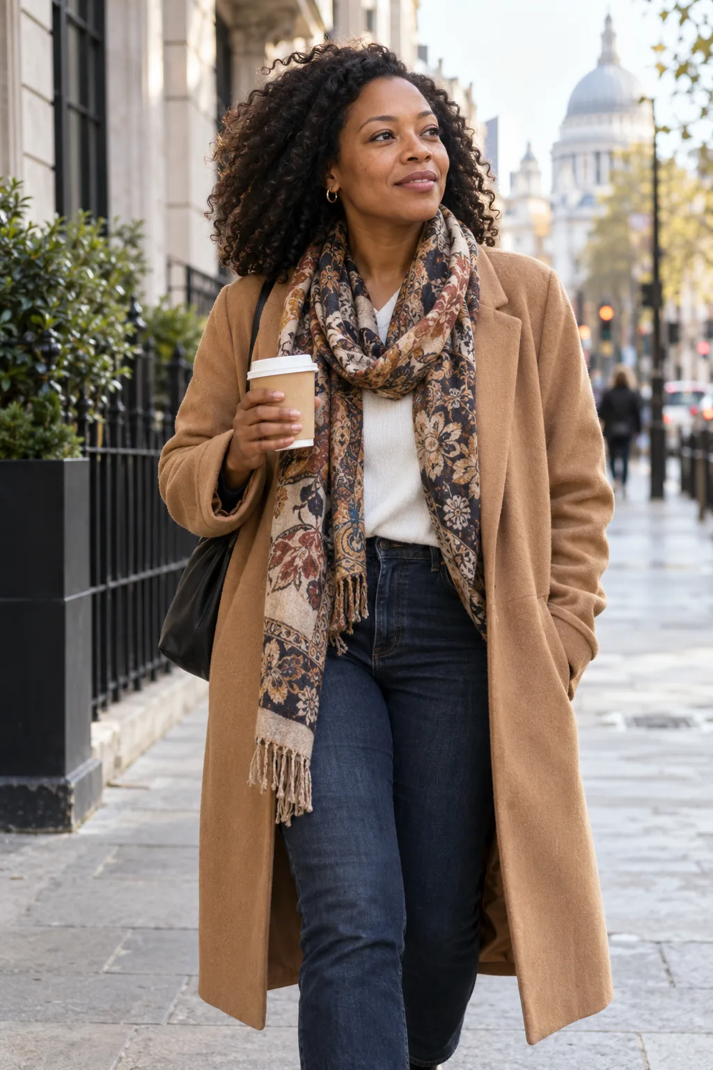Woman in a camel coat and patterned scarf outdoors on a city street