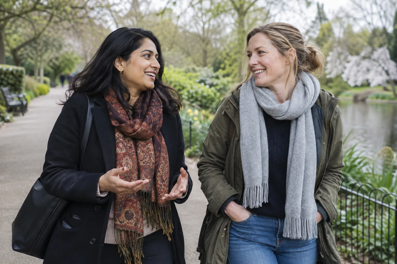 Two women smiling and talking while walking through a park in coats and scarves
